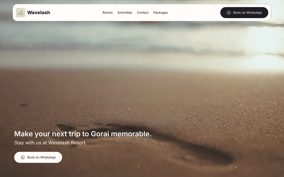 Homepage of the Wavelash Resort Gorai website built in Framer by Anthony Stephen Mendes.